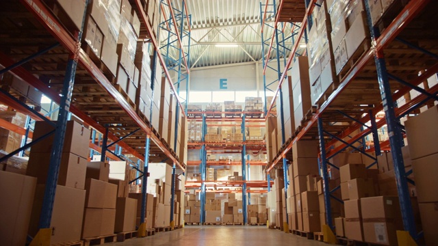 大型零售仓库堆满了货架上的货物在纸板箱和包装。物流，分拣和分配设施的产品交付。低移动货架之间的一排排相机视频素材