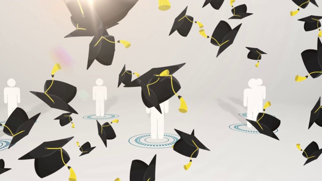 多个毕业帽砸向多个人的图标可以保持社交距离视频素材
