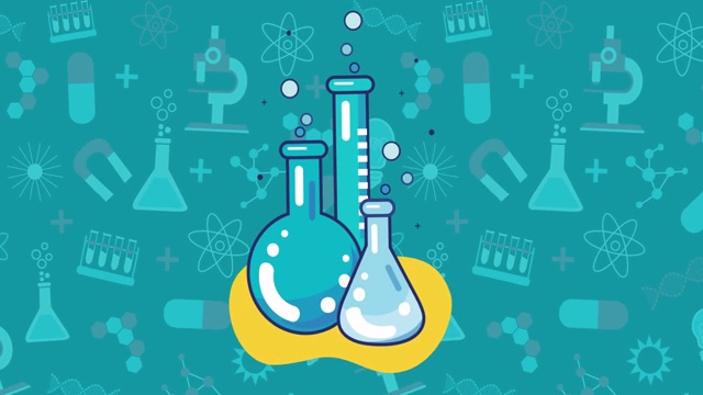 实验室烧杯图标与科学概念图标在蓝色背景上视频下载
