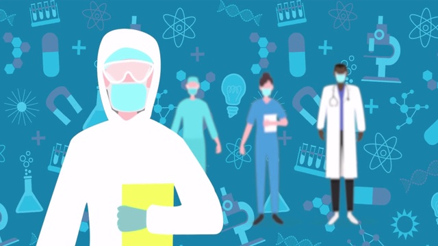 卫生工作者戴着口罩对抗蓝色背景上的科学概念图标视频素材
