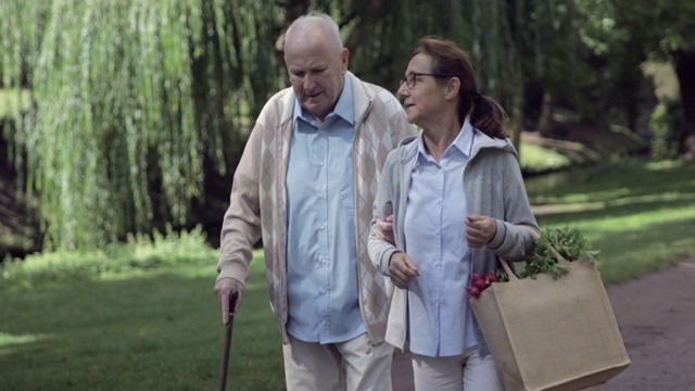 照顾老人的女人帮助老人购物视频素材