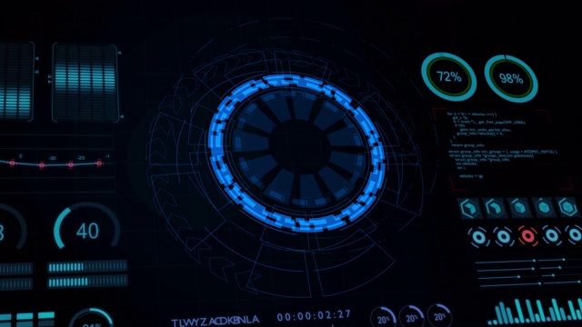 动态图形的仪表盘数据报告与蓝色圆旋转和HUD图形报告百分比，未来的概念视频下载