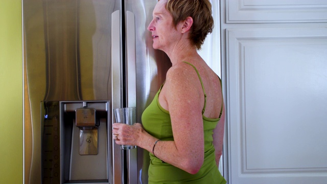 从冰箱里喝水的女人视频素材