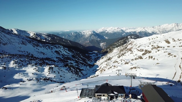 在安道尔的格兰德瓦利拉滑雪胜地沿着滑雪斜坡平稳移动的鸟瞰图。壮丽的雪山和蓝天。冬天的风景视频下载