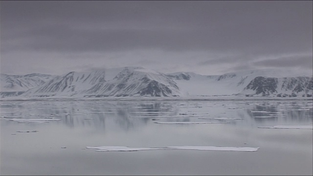 北极圈内白雪覆盖的山脉在北冰洋中重现视频下载