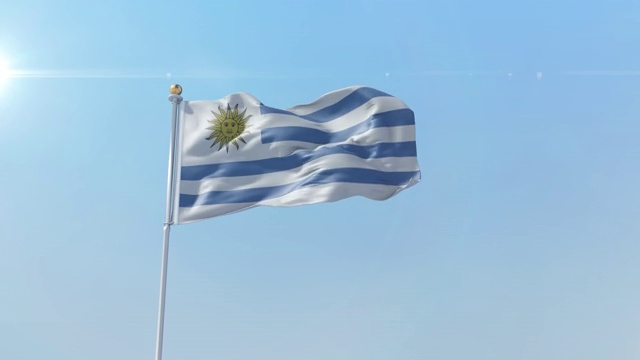 乌拉圭国旗与晴朗的天空。概念3 d动画视频素材