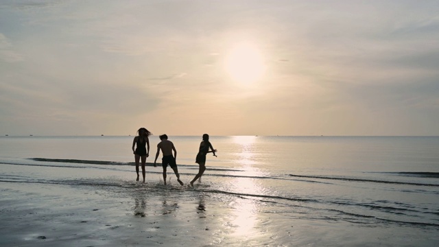 一群年轻的亚洲朋友跑到海边玩和享受在海滩上视频素材