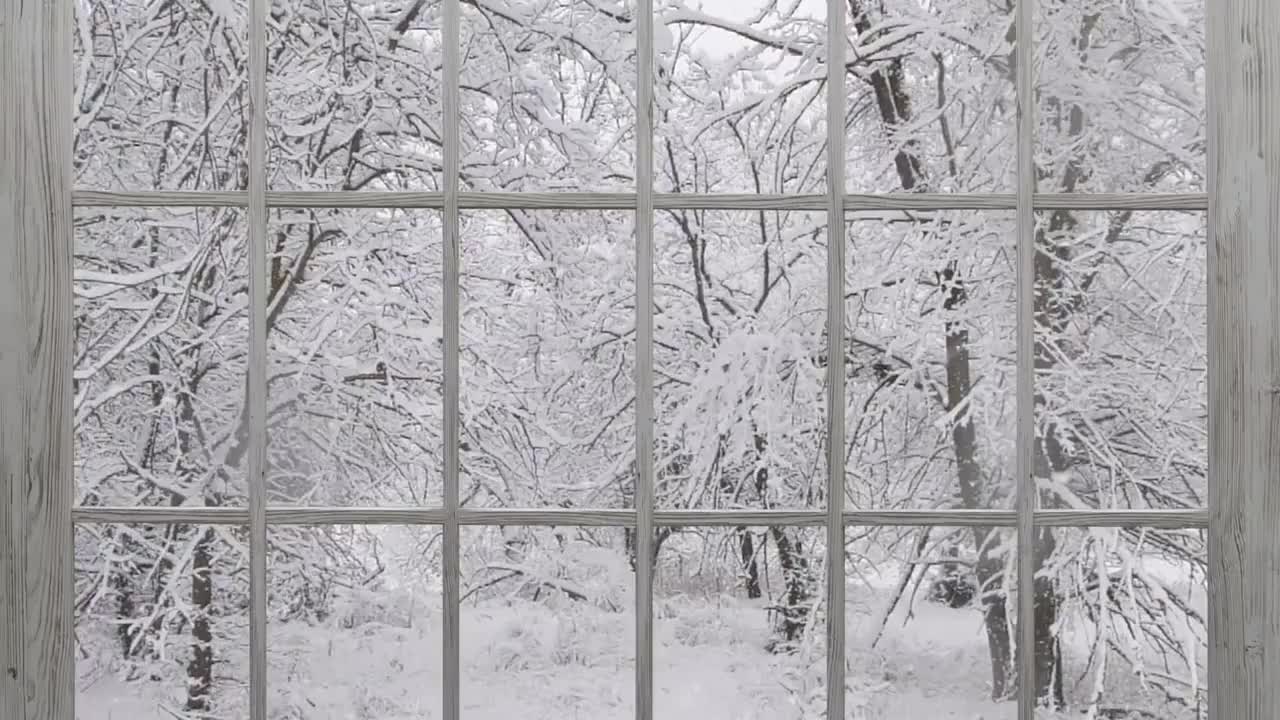 窗外慢动作雪花飘落视频素材