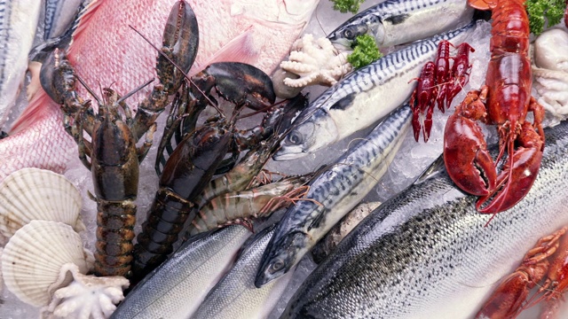 俯视图:各种豪华的新鲜海鲜，龙虾鲑鱼鲭小龙虾虾章鱼贻贝和扇贝，在冰的背景。新鲜冷冻海鲜冰和零售市场概念。视频下载