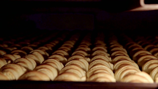 在热烤箱里烤成排的牛角面包视频素材