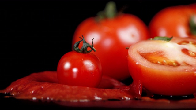 番茄樱桃掉落番茄酱溅。视频下载