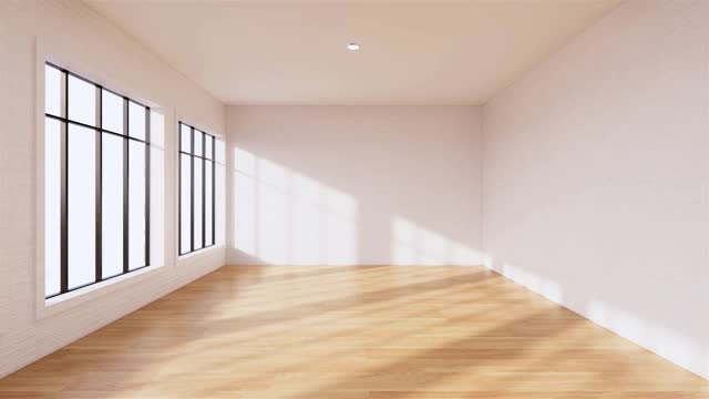 洁净室和阁楼室的装饰白砖墙和木地板。三维渲染视频下载