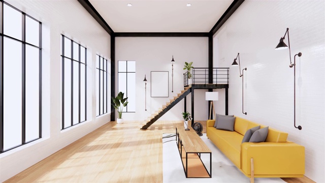 室内，现代loft风格的生活室内设计。三维渲染视频下载