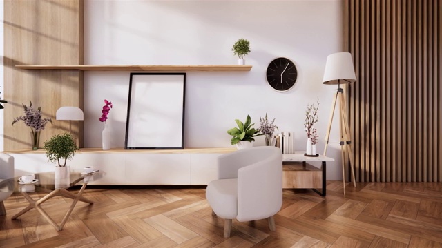 白色墙壁上的橱柜和扶手椅，极简主义和禅意的室内设计。三维渲染视频下载
