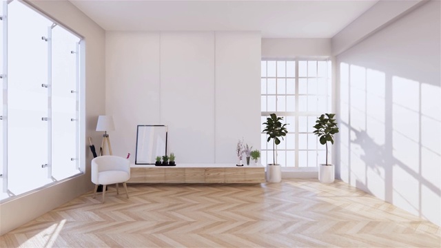 房间上的木质橱柜设计日式室内热带风格。三维渲染视频下载