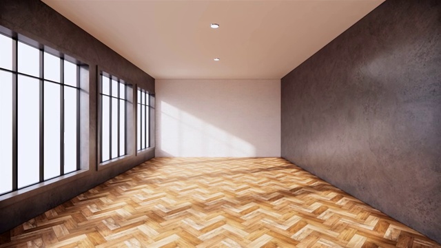 室内阁楼风格，木地板上的混凝土墙面设计。三维渲染视频下载