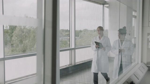 女医生走在医院走廊上，讨论数字平板电脑技术的测试结果视频素材