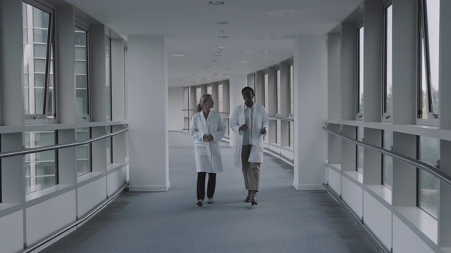 医生们在医院的走廊里开会，讨论结果并步行视频素材