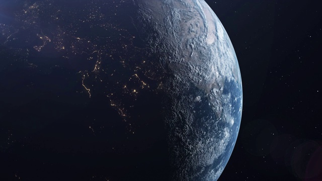 现实的地球与来自太空的夜晚灯光。高品质3d动画视频素材