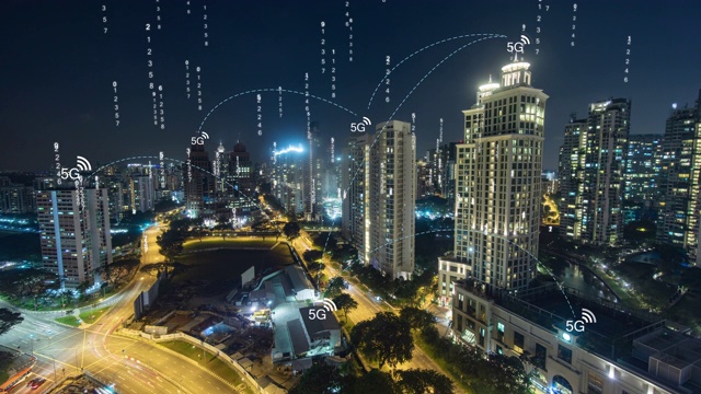 航拍延时与5G数据网络连接技术概念。智慧城市概念、通信网络、物联网视频素材
