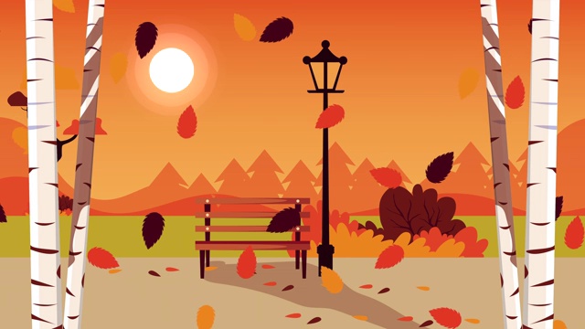 你好秋季动画与公园和树叶的场景视频下载
