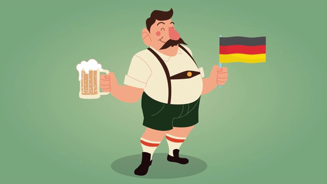 啤酒节庆祝动画与醉汉举起啤酒和旗帜视频下载
