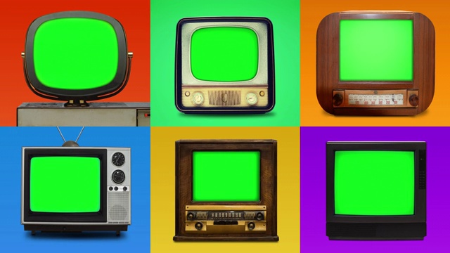 网格阵容的6个老式电视与色度键屏幕视频下载