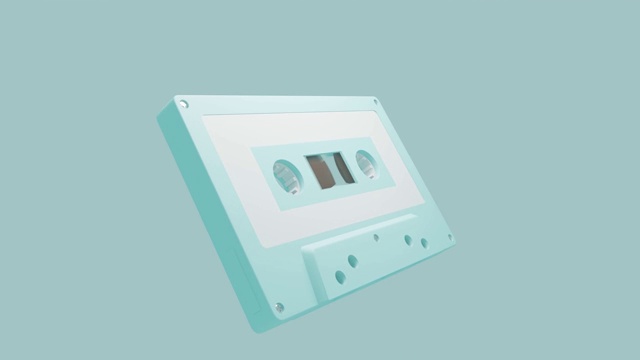 孤立在蓝色背景上的淡蓝色盒式磁带。可循环3d动画。视频素材