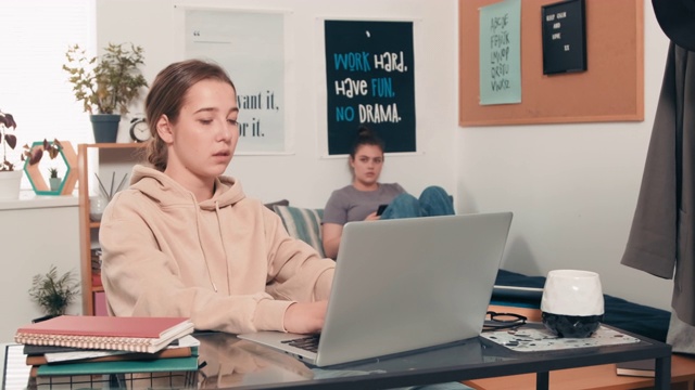 大学生使用笔记本电脑和与室友交谈视频素材