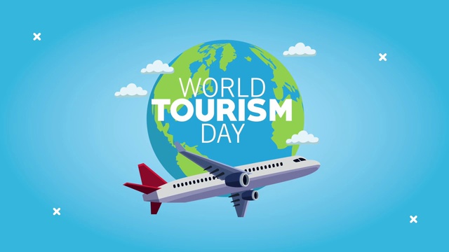 世界旅游日刻有飞机和地球视频下载