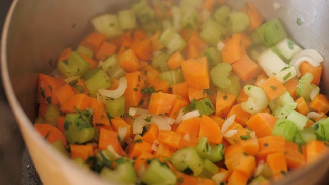 把洋葱末、胡萝卜末、芹菜末放入锅中翻炒视频素材