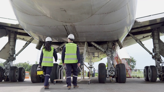 飞机亚洲工程师团队在机库对前飞机进行维修、修理、现代化改造。视频素材