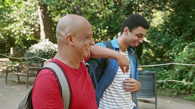 慈爱的父亲在公园拥抱年轻的儿子视频素材