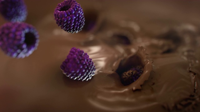 4K超级慢动作，黑莓溅入液态牛奶巧克力视频素材