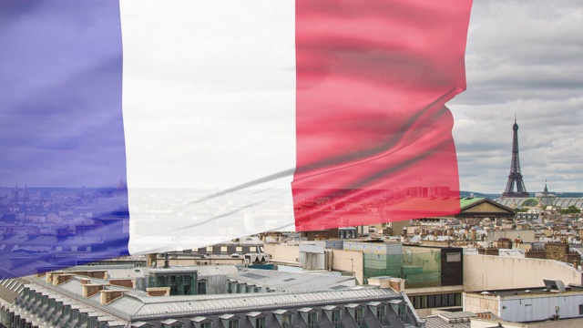 法国国旗飘扬，以巴黎城市景观为背景。视频下载