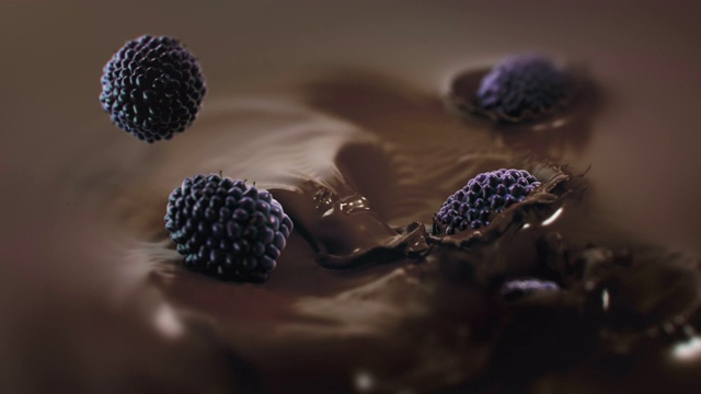 4K超级慢动作，黑莓溅入液态黑巧克力视频素材