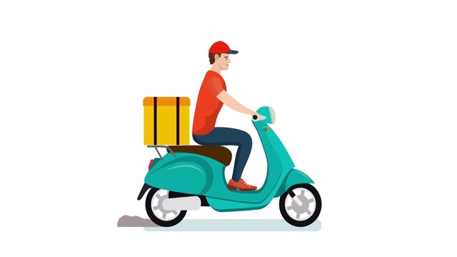 送货服务。卡通人物骑着小摩托车送快递。视频下载
