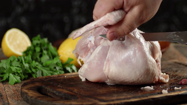 男人用刀将生鸡肉切成块。视频下载