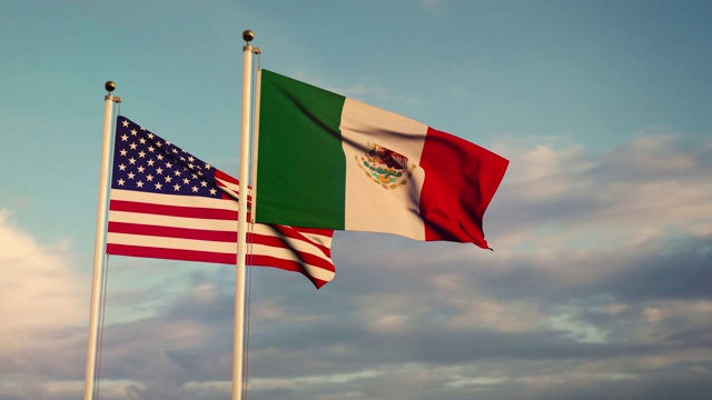 美国和墨西哥的旗帜代表了在移民和北美自由贸易协定上的冲突。视频下载