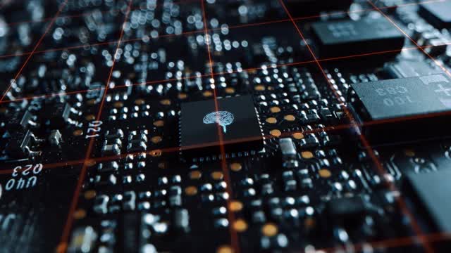 未来技术概念可视化:电路板CPU处理器微芯片启动人工智能数字化神经网络。数字线路连接到3D大脑视频素材