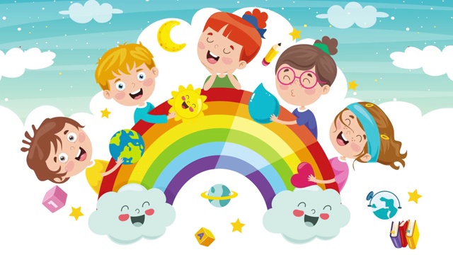 有趣的孩子们在五颜六色的彩虹上玩耍视频下载