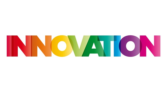 “创新”这个词。动画横幅与文字彩色彩虹。视频下载