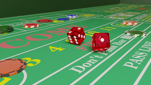 在掷骰子游戏中，用筹码在桌上滚动骰子。3 d动画。视频下载