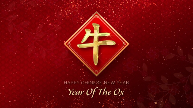 2021年牛年春节快乐，红色背景上的金色颗粒文字。(中文翻译:牛年)视频下载