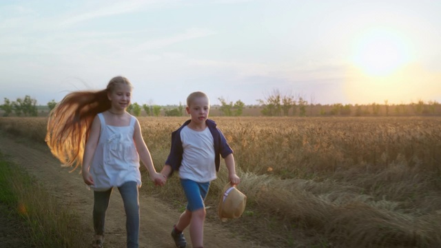 乡村里的友谊，快乐的女孩和唐氏综合症的男孩在夕阳的背景下手拉手在田野里跳跃行走视频素材