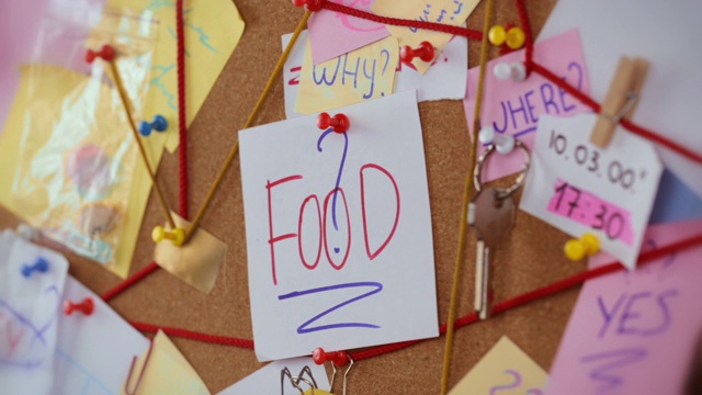 食品搜索概念。有证据的侦探板的特写镜头。在中心女孩的手别针一张白纸上写着“食物”视频下载
