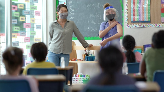 学校护士讨论冠状病毒疫苗视频素材
