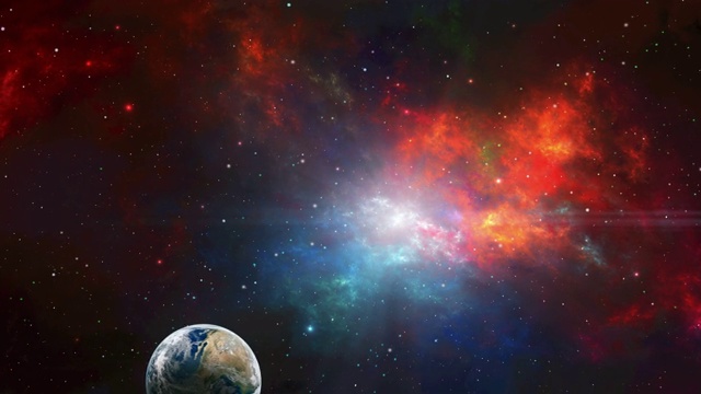 空间场景。夜晚的地球行星与彩色分形星云视频下载