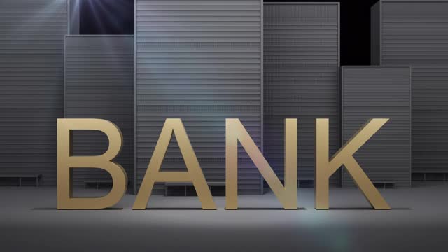 黑色建筑背景上的金色“银行”字裂破剥落，分解里面的旧金属。创意概念创意。3D动画4K。视频下载