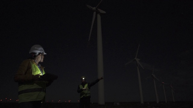 可再生能源系统。电力维护工程师在风力涡轮机发电站附近工作，身后是晴朗的蓝天。两位同事工程师。团队合作。视频素材
